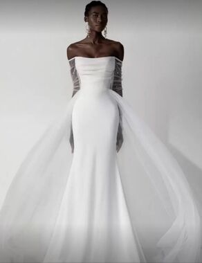 Off-Shoulder Off White Evening Gown with Sheer Draped Sleeves NEW!